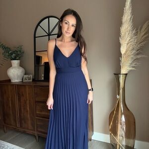 Navy Pleated Maxi Dress – XS – Bridesmaid / Wedding Guest
